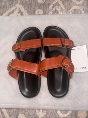 Liberté Tan Double-Buckle Slide Sandals for Women